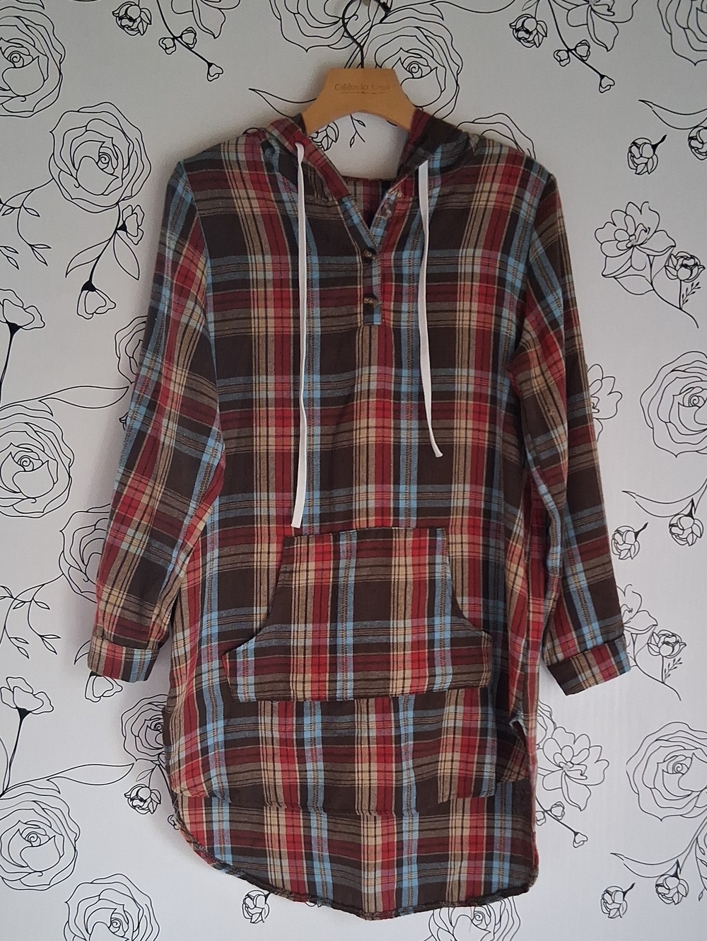 Plaid Hooded Longline Shirt - Red, Brown & Blue S